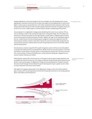 TO OU R SHAR EHO LD ERS
GROUP M A NAGEMEN T
REPORT FINA NC IAL S TATEME NT S SERV ICE S 47
Fundamental information about
the Group
Alongside digitalization of processes throughout the Group, intelligent use of the data generated is increas-
ingly gaining in importance. We entered into an alliance with Arago, one the leading providers of artificial intel-
ligence, in order to gain an early foothold also in this market. Going forward, better evaluation of data incorpo-
rating a wide variety of factors will make it possible to predict demand for steel with much greater accuracy. At
the same time, a more in-depth analysis of customer behavior will open up additional growth potential.
A key component of our digitalization strategy involves establishing direct access to our customers’ ERP sys-
tems via interfaces in order to fully automate the order process, among other things. One of the alliances we
entered into in 2016 for this purpose was with Sage Software, a market leader in integrated systems for finan-
cial accounting, payroll accounting and payment transfers. Together with Sage, we are marketing the Sage Of-
fice Line – a special version of the accounting and goods management solution preconfigured for steel and
metal processors. Klöckner customers will be able to harness the solution to professionally manage their busi-
ness processes at attractive conditions while at the same time gaining online access to our extensive range of
steel and metal products.
Not only that, but customers using other ERP or goods management systems will have access to the platform
via the open OCI interface and thus avoid double entries. Besides that we are an exclusive partner in machinery
manufacturer Trumpf’s Industry 4.0 project Axoom, in which production machines will in the future order steel
from us autonomously. To that end, the Klöckner  Co contract portal has already been integrated into the
customer solution’s software user interface.
While kloeckner.i operates like an internal start-up, it is through our venture capital company kloeckner.v that
we establish links with external start-ups. This company invests both through selected venture capital firms and
directly in start-ups that support our digitalization strategy with disruptive approaches. Moreover, we joined
the German Stock Exchange’s Venture Network during the reporting period to give us greater access to attrac-
tive direct investments in the area of venture capital.
With regard to the ongoing implementation of our digitalization strategy, we have set ourselves ambitious
goals: As early as 2019, we aim to generate more than half of Group sales online and cut net working capital by
about a third relative to the 2014 year-end.
Entering different alliances
Investing in external startups via
kloeckner.v
 