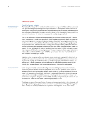 50 KLÖCK NER  CO S E A NNUA L REP ORT 2016
1.4 Control system
Financial performance indicators
The most significant key performance indicators (KPIs) used in the management of KlöcknerCo’s business are
sales, gross profit and gross profit margin, operating income (EBITDA – earnings before interest, taxes, and de-
preciation and amortization including impairments and impairment reversals on intangible assets and property,
plant and equipment) and the EBITDA margin, net working capital, and net financial debt. These central KPIs are
reported and monitored at the level of the Group as a whole as well as at segmental level.
Sales is a key performance indicator used in management of the distribution business. Gross profit is sales less
cost of goods sold and is thus an important indicator of the Company’s profitability. In view of the time lag be-
tween the setting of procurement and selling prices, we support our analysis by keeping a close watch on price
trends in procurement markets. Windfall effects have a notable impact on the gross profit margin (gross profit
as a percentage of sales). In the medium term, our strategy of increasingly marketing higher value-added prod-
ucts and prefabrication services is geared to boosting our gross profit margin to a higher level with smaller fluc-
tuations. The most significant KPI for results of operations is operating income (EBITDA), or, if major restructur-
ing is in progress, EBITDA before restructuring measures. This takes into account all costs subject to short-term
influence. Based on this, the EBITDA margin – EBITDA as a percentage of sales – is an important indicator in
steel distribution and in the capital markets.
In addition to these primary key performance indicators, we also monitor other important KPIs relating to the use
of capital in the business. Fixed asset intensity ratios tend to be low in steel distribution, while current asset inten-
sity tends to be very high. We therefore keep a close eye on net working capital. In the KlöcknerCo Group, net
working capital is defined as inventories plus trade receivables less trade payables. From a risk perspective, we
therefore place special emphasis on trade receivables while fine-tuning inventories less trade payables.
Just-in-time procurement by customers calls for high levels of availability in our merchandise inventories.
Stockholding levels are therefore closely tied to shipments and our results of operations. For this reason, we
also keep a constant watch on net working capital in light of changes in EBITDA. The second KPI for the use of
capital in the business is net financial debt, which in turn is substantially influenced by changes in net working
capital. Net financial debt (financial liabilities less cash and cash equivalents) is an important indicator in cor-
porate finance management. Changes in net financial debt also reflect cash generated by the business. The cap-
ital markets, too, look to net financial debt in determining the value of our stock.
These key performance indicators are the basis of management processes and decision making at strategic and
operating level, including for purposes such as investment and acquisition decisions. Changes in the key perfor-
mance indicators are reported on in the “Results of operations, financial position and net assets” section.
Key performance indicators at
Group and segment level
Direct impact of stockholding
levels
 