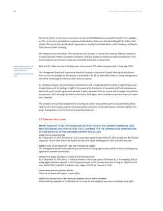 68 KLÖCK NER  CO S E A NNUA L REP ORT 2016
KlöcknerCo SE’s income from investments consists of profit distributions and profit transfers from subsidiar-
ies. The income from participations comprises dividends from Debrunner Koenig Holding AG, St. Gallen, Swit-
zerland. The income from profit transfer agreements is mostly from Becker Besitz GmbH, Duisburg, and Becker
Stahl-Service GmbH, Duisburg.
Net interest income went down. This was because the decrease in income from loans to affiliated companies
(notably Kloeckner Metals Corporation, Delaware, USA) due to reduced lending exceeded the decrease in the
interest expense on promissory notes and convertible bonds due to repayments.
After a €237 million net loss in the prior year, net income of €75 million was generated in fiscal year 2016.
The Management Board and Supervisory Board will propose to the Annual General Meeting the distribution
from net income available for distribution of a dividend of €0.20 per share (€20 million in total) and appropria-
tion of the remaining €55 million to other revenue reserves.
As a holding company, the performance of KlöcknerCo SE is materially determined by the performance and
dividend policies of its holdings. In light of the potential for distribution of reinvested profits at subsidiaries as
well as the profit transfer agreements we have in place, we expect that net income will once again be comforta-
bly positive in 2017, although less than the fiscal year 2016 figure, which included the positive impact of impair-
ment reversals.
The complete annual financial statements including the auditor’s unqualified opinion are published by Klöck-
nerCo SE in the company register. Interested parties can obtain the annual financial statements at the Com-
pany’s headquarters or on the Internet at www.kloeckner.com.
3.2 Takeover disclosures
REPORT PURSUANT TO SECTION 289 (4) AND SECTION 315 (4) OF THE GERMAN COMMERCIAL CODE
READ IN CONJUNCTION WITH SECTION 176 (1), SENTENCE 1 OF THE GERMAN STOCK CORPORATIONS
ACT AND ARTICLE 52 OF THE EUROPEAN COMPANY REGULATION
STRUCTURE OF SHARE CAPITAL
As of December 31, 2016, Klöckner  Co SE’s subscribed capital totaled €249,375,000, divided into 99,750,000
registered, no-par-value shares. All shares have the same rights and obligations. Each share has one vote.
RESTRICTIONS ON VOTING RIGHTS AND THE TRANSFER OF SHARES
The Management Board is not aware of any restrictions on voting rights or the transfer of shares, including any
agreements between shareholders.
INTERESTS IN SHARE CAPITAL EXCEEDING 10% OF VOTING RIGHTS
As of December 31, 2016, direct or indirect interests in the share capital of Klöckner  Co SE exceeding 10% of
voting rights had been reported to the Company pursuant to the German Securities Trading Act (WpHG) as fol-
lows: SWOCTEM GmbH (Mr. Friedhelm Loh), Haiger, 25.25% on February 2, 2016.
SHARES WITH SPECIAL CONTROL RIGHTS
There are no shares with special control rights.
EXERCISE OF VOTING RIGHTS BY EMPLOYEES OWNING SHARES IN THE COMPANY
Shares held by employees of the Klöckner  Co Group are not subject to any rules controlling voting rights.
Earnings comfortably back into
positive figures in 2016 after
large net loss in 2015
Dividend proposal of €0.20 per
share
 