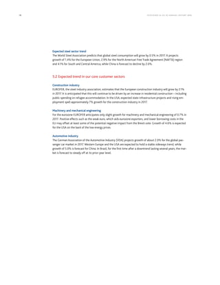 78 KLÖCK NER  CO S E A NNUA L REP ORT 2016
Expected steel sector trend
The World Steel Association predicts that global steel consumption will grow by 0.5% in 2017. It projects
growth of 1.4% for the European Union, 2.9% for the North American Free Trade Agreement (NAFTA) region
and 4.1% for South and Central America, while China is forecast to decline by 2.0%.
5.2 Expected trend in our core customer sectors
Construction industry
EUROFER, the steel industry association, estimates that the European construction industry will grow by 2.1%
in 2017. It is anticipated that this will continue to be driven by an increase in residential construction – including
public spending on refugee accommodation. In the USA, expected state infrastructure projects and rising em-
ployment spell approximately 7% growth for the construction industry in 2017.
Machinery and mechanical engineering
For the eurozone EUROFER anticipates only slight growth for machinery and mechanical engineering of 0.7% in
2017. Positive effects such as the weak euro, which aids eurozone exporters, and lower borrowing costs in the
EU may offset at least some of the potential negative impact from the Brexit vote. Growth of 4.6% is expected
for the USA on the back of the low energy prices.
Automotive industry
The German Association of the Automotive Industry (VDA) projects growth of about 2.0% for the global pas-
senger car market in 2017. Western Europe and the USA are expected to hold a stable sideways trend, while
growth of 5.0% is forecast for China. In Brazil, for the first time after a downtrend lasting several years, the mar-
ket is forecast to steady off at its prior-year level.
 