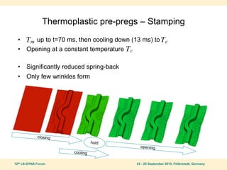12th LS-DYNA Forum 24 - 25 September 2013, Filderstadt, Germany
Thermoplastic pre-pregs – Stamping
• up to t=70 ms, then cooling down (13 ms) to
• Opening at a constant temperature
• Significantly reduced spring-back
• Only few wrinkles form
closing
opening
hold
cooling
Tm Tc
Tc
 