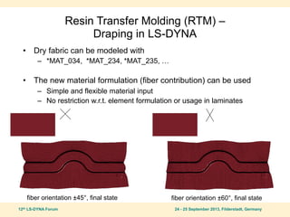 • Dry fabric can be modeled with
– *MAT_034, *MAT_234, *MAT_235, …
• The new material formulation (fiber contribution) can be used
– Simple and flexible material input
– No restriction w.r.t. element formulation or usage in laminates
12th LS-DYNA Forum 24 - 25 September 2013, Filderstadt, Germany
Resin Transfer Molding (RTM) –
Draping in LS-DYNA
fiber orientation ±45°, final state fiber orientation ±60°, final state
 