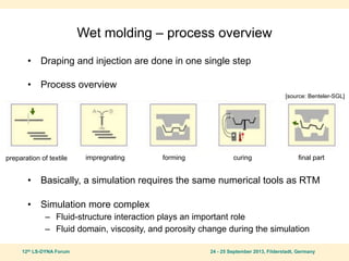 12th LS-DYNA Forum 24 - 25 September 2013, Filderstadt, Germany
Wet molding – process overview
• Draping and injection are done in one single step
• Process overview
• Basically, a simulation requires the same numerical tools as RTM
• Simulation more complex
– Fluid-structure interaction plays an important role
– Fluid domain, viscosity, and porosity change during the simulation
preparation of textile impregnating forming curing final part
[source: Benteler-SGL]
 