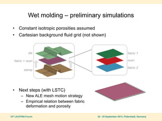 12th LS-DYNA Forum 24 - 25 September 2013, Filderstadt, Germany
Wet molding – preliminary simulations
• Constant isotropic porosities assumed
• Cartesian background fluid grid (not shown)
• Next steps (with LSTC)
– New ALE mesh motion strategy
– Empirical relation between fabric
deformation and porosity
die
stamp
fabric + resin
fabric 1
fabric 2
resin
 