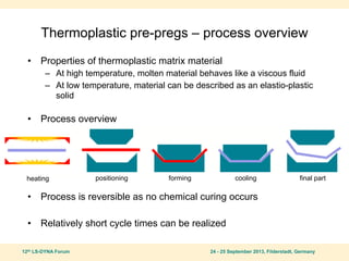 12th LS-DYNA Forum 24 - 25 September 2013, Filderstadt, Germany
Thermoplastic pre-pregs – process overview
• Properties of thermoplastic matrix material
– At high temperature, molten material behaves like a viscous fluid
– At low temperature, material can be described as an elastio-plastic
solid
• Process overview
• Process is reversible as no chemical curing occurs
• Relatively short cycle times can be realized
heating positioning forming cooling final part
 