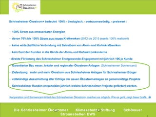 2
Schriesheimer Ökostrom+ bedeutet 100% - ökologisch, - vertrauenswürdig, - preiswert :
Die Schriesheimer Ökostromer Klimaschutz+ Stiftung Schönauer Stromrebellen EWS
 