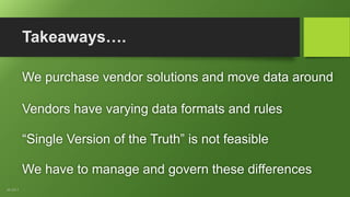 Takeaways….
We purchase vendor solutions and move data around
Vendors have varying data formats and rules
“Single Version of the Truth” is not feasible
We have to manage and govern these differences
AD-322-S
 
