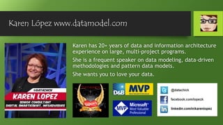 Karen López www.datamodel.com
Karen has 20+ years of data and information architecture
experience on large, multi-project programs.
She is a frequent speaker on data modeling, data-driven
methodologies and pattern data models.
She wants you to love your data.
 