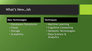 What’s New…ish
New Technologies
• Databases/Datastores
• Cloud
• Storage
• Scalability
Techniques
• Machine Learning
• Cognitive Computing
• Semantic Technologies
• Data Science &
Analytics
 
