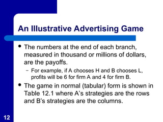 12
An Illustrative Advertising Game
 The numbers at the end of each branch,
measured in thousand or millions of dollars,
are the payoffs.
– For example, if A chooses H and B chooses L,
profits will be 6 for firm A and 4 for firm B.
 The game in normal (tabular) form is shown in
Table 12.1 where A’s strategies are the rows
and B’s strategies are the columns.
 