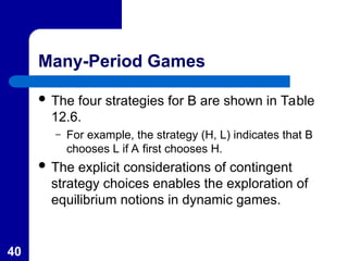 40
Many-Period Games
 The four strategies for B are shown in Table
12.6.
– For example, the strategy (H, L) indicates that B
chooses L if A first chooses H.
 The explicit considerations of contingent
strategy choices enables the exploration of
equilibrium notions in dynamic games.
 