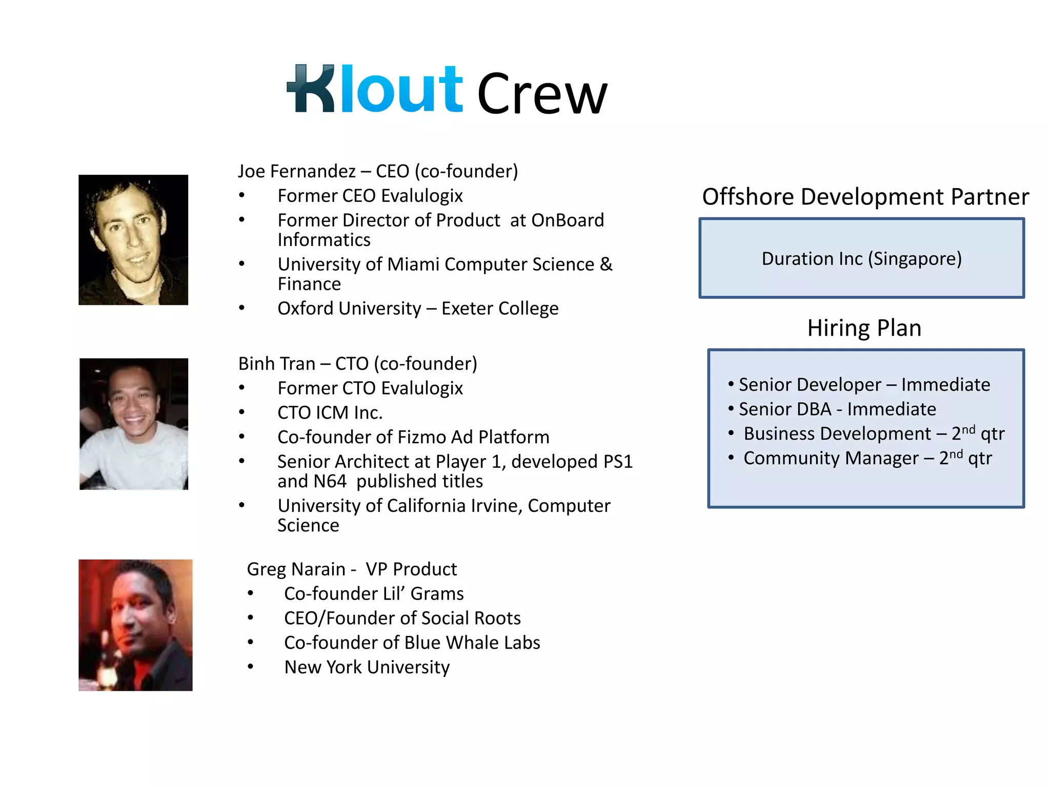 Crew
Joe Fernandez – CEO (co-founder)
•    Former CEO Evalulogix                        Offshore Development Partner
•    Former Director of Product at OnBoard
     Informatics
•    University of Miami Computer Science &            Duration Inc (Singapore)
     Finance
•    Oxford University – Exeter College
                                                             Hiring Plan
Binh Tran – CTO (co-founder)
•   Former CTO Evalulogix                           • Senior Developer – Immediate
•   CTO ICM Inc.                                    • Senior DBA - Immediate
•   Co-founder of Fizmo Ad Platform                 • Business Development – 2nd qtr
•   Senior Architect at Player 1, developed PS1     • Community Manager – 2nd qtr
    and N64 published titles
•   University of California Irvine, Computer
    Science

 Greg Narain - VP Product
 • Co-founder Lil’ Grams
 • CEO/Founder of Social Roots
 • Co-founder of Blue Whale Labs
 • New York University
 