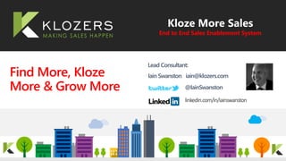 1
Iain Swanston iain@klozers.com
@IainSwanston
Find More, Kloze
More & Grow More
Lead Consultant:
Kloze More Sales
End to End Sales Enablement System
 