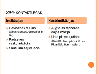 SIHY KONTAKTLĒCAS
Indikācijas


Lietošanas režīms
(garas stundas, gulēšana ar
KL)

Radzenes
vaskularizācija
 Sausuma sajūta acīs


Kontrindikācijas
Augšējās radzenes
daļas erozija
 Liela plakstu jutība:




Jāizvēlās tikai plānās KL vai
KL ar lielu ūdens saturu

 