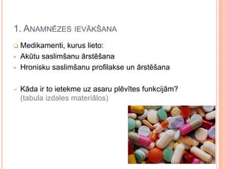 1. ANAMNĒZES IEVĀKŠANA






Medikamenti, kurus lieto:
Akūtu saslimšanu ārstēšana
Hronisku saslimšanu profilakse un ārstēšana
Kāda ir to ietekme uz asaru plēvītes funkcijām?
(tabula izdales materiālos)

 