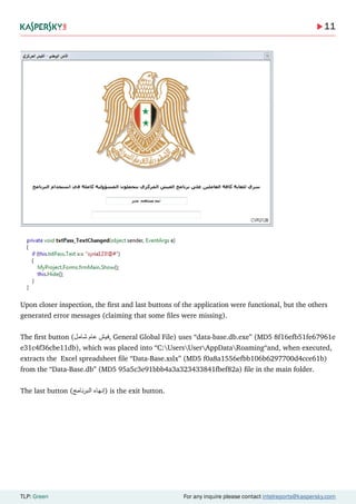 11
TLP: Green For any inquire please contact intelreports@kaspersky.com
Upon closer inspection, the first and last buttons of the application were functional, but the others
generated error messages (claiming that some files were missing).
The first button (‫شامل‬ ‫عام‬ ‫,فيش‬ General Global File) uses “data-base.db.exe” (MD5 8f16efb51fe67961e
e31c4f36cbe11db), which was placed into “C:UsersUserAppDataRoaming“and, when executed,
extracts the Excel spreadsheet file “Data-Base.xslx” (MD5 f0a8a1556efbb106b6297700d4cce61b)
from the “Data-Base.db” (MD5 95a5c3e91bbb4a3a323433841fbef82a) file in the main folder.
The last button (‫نامج‬‫ر‬‫الب‬ ‫)إنهاء‬ is the exit button.
 