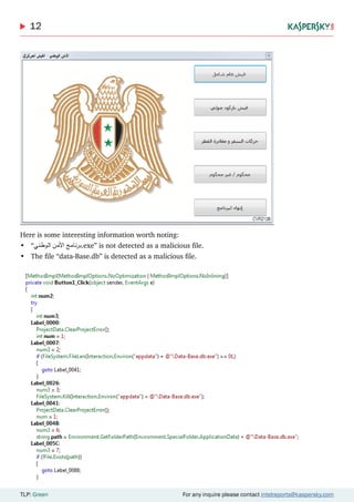 12
TLP: Green For any inquire please contact intelreports@kaspersky.com
Here is some interesting information worth noting:
•	 “‫الوطني‬ ‫ٔمن‬‫ال‬‫ا‬ ‫نامج‬‫ر‬‫.ب‬exe” is not detected as a malicious file.
•	 The file “data-Base.db” is detected as a malicious file.
 