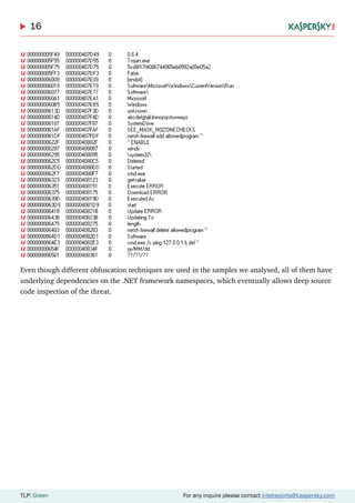 16
TLP: Green For any inquire please contact intelreports@kaspersky.com
Even though different obfuscation techniques are used in the samples we analysed, all of them have
underlying dependencies on the .NET framework namespaces, which eventually allows deep source
code inspection of the threat.
 