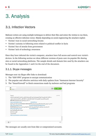 6
TLP: Green For any inquire please contact intelreports@kaspersky.com
3. Analysis
3.1. Infection Vectors
Malware writers are using multiple techniques to deliver their files and entice the victims to run them,
creating an effective infection vector. Mainly depending on social engineering the attackers exploit:
•	 Victims’ trust in social networking forums
•	 Victims’ curiosity in following news related to political conflict in Syria
•	 Victims’ fear of attacks from government
•	 Victims’ lack of technology awareness
Once they have infected the victim’s computer, attackers have full access and control over victim’s
devices. In the following section we show different versions of posts sent via popular file sharing
sites or social networking platforms. The sample details and domain lists used by the attackers can
be found in the Appendices 1 and 2 in the end of the document.
3.1.1. Skype messages
Messages sent via Skype offer links to download:
1.	 The “SSH VPN” program to encrypt communication
2.	 The popular and effective antivirus with daily updates from “Ammazon Internet Security”
3.	 The “SmartFirewall” to block connections made by malware and bad programs
The messages are usually sent from fake or compromised accounts.
 