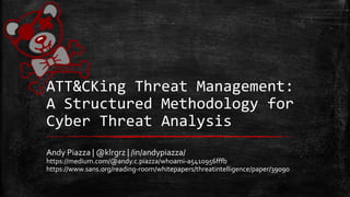 Andy Piazza | @klrgrz | /in/andypiazza/
https://medium.com/@andy.c.piazza/whoami-a5410956fffb
https://www.sans.org/reading-room/whitepapers/threatintelligence/paper/39090
ATT&CKing Threat Management:
A Structured Methodology for
Cyber Threat Analysis
 