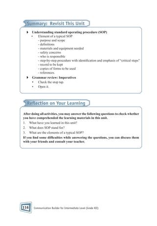 Summary: Revisit This Unit
Understanding standard operating procedure (SOP)
•
Element of a typical SOP
- purpose and scope
- de nitions
- materials and equipment needed
- safety concerns
- who is responsible
- step-by-step procedure with identi cation and emphasis of “critical steps”
- record to be kept
- copies of forms to be used
- references.
Grammar review: Imperatives
• Check the stop tap.
• Open it.

Reﬂection on Your Learning
After doing all activities, you may answer the following questions to check whether
you have comprehended the learning materials in this unit.
1. What have you learned in this unit?
2. What does SOP stand for?
3. What are the elements of a typical SOP?
If you nd some dif culties while answering the questions, you can discuss them
with your friends and consult your teacher.

116

Communication Builder for Intermediate Level (Grade XII)

 