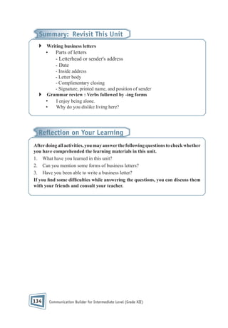 Summary: Revisit This Unit
Writing business letters

•

Parts of letters
- Letterhead or sender's address
- Date

- Inside address
- Letter body
- Complimentary closing
- Signature, printed name, and position of sender
Grammar review : Verbs followed by -ing forms
•
I enjoy being alone.
•
Why do you dislike living here?

Reﬂection on Your Learning
After doing all activities, you may answer the following questions to check whether
you have comprehended the learning materials in this unit.
1. What have you learned in this unit?
2. Can you mention some forms of business letters?
3. Have you been able to write a business letter?
If you nd some dif culties while answering the questions, you can discuss them
with your friends and consult your teacher.

134

Communication Builder for Intermediate Level (Grade XII)

 