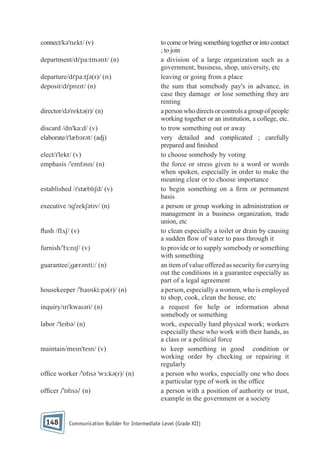 connect/kəˈnekt/ (v)
department/dɪˈpa:tmənt/ (n)
departure/dɪˈpa:tʃə(r)/ (n)
deposit/dɪˈpɒzɪt/ (n)

director/dəˈrektə(r)/ (n)
discard /dɪsˈka:d/ (v)
elaborate/ɪˈlæbərət/ (adj)
elect/ɪˈlekt/ (v)
emphasis /ˈemfəsɪs/ (n)

established /ɪˈstæblɪʃd/ (v)
executive /ɪgˈzekʃətɪv/ (n)

ush /flʌʃ/ (v)
furnish/ˈfɜ:nɪʃ/ (v)
guarantee/ˌgærənti:/ (n)

housekeeper /ˈhaʊski:pə(r)/ (n)
inquiry/ɪnˈkwaɪəri/ (n)
labor /ˈleɪbə/ (n)

maintain/meɪnˈteɪn/ (v)

of ce worker /ˈɒfɪsə ˈwɜ:kə(r)/ (n)
of cer /ˈɒfɪsə/ (n)

148

to come or bring something together or into contact
; to join
a division of a large organization such as a
government, business, shop, university, etc
leaving or going from a place
the sum that somebody pay's in advance, in
case they damage or lose something they are
renting
a person who directs or controls a group of people
working together or an institution, a college, etc.
to trow something out or away
very detailed and complicated ; carefully
prepared and nished
to choose somebody by voting
the force or stress given to a word or words
when spoken, especially in order to make the
meaning clear or to choose importance
to begin something on a rm or permanent
basis
a person or group working in administration or
management in a business organization, trade
union, etc
to clean especially a toilet or drain by causing
a sudden ow of water to pass through it
to provide or to supply somebody or something
with something
an item of value offered as security for currying
out the conditions in a guarantee especially as
part of a legal agreement
a person, especially a women, who is employed
to shop, cook, clean the house, etc
a request for help or information about
somebody or something
work, especially hard physical work; workers
especially these who work with their hands, as
a class or a political force
to keep something in good condition or
working order by checking or repairing it
regularly
a person who works, especially one who does
a particular type of work in the of ce
a person with a position of authority or trust,
example in the government or a society

Communication Builder for Intermediate Level (Grade XII)

 