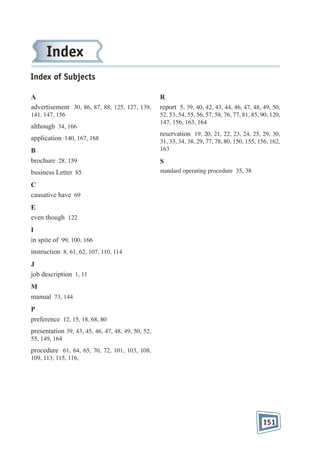 Index
Index of Subjects
A
advertisement 30, 86, 87, 88, 125, 127, 139,

R
report 5, 39, 40, 42, 43, 44, 46, 47, 48, 49, 50,

141, 147, 156

52, 53, 54, 55, 56, 57, 58, 76, 77, 81, 85, 90, 120,
147, 156, 163, 164

although 34, 166
application 140, 167, 168
B
brochure 28, 159
business Letter 85

reservation 19, 20, 21, 22, 23, 24, 25, 29, 30,
31, 33, 34, 38, 29, 77, 78, 80, 150, 155, 156, 162,
163

S
standard operating procedure 35, 38

C
causative have 69
E
even though 122
I
in spite of 99, 100, 166
instruction 8, 61, 62, 107, 110, 114
J
job description 1, 11
M
manual 73, 144
P
preference 12, 15, 18, 68, 80
presentation 39, 43, 45, 46, 47, 48, 49, 50, 52,
55, 149, 164

procedure 61, 64, 65, 70, 72, 101, 103, 108,
109, 113, 115, 116,

151

 