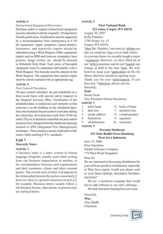 Activity 4
Instructional Equipment/Electronics
Purchase orders to replace instructional equipment
must be submitted with the original C-50 attached to
furnish justi cation. Justi cation must be supported
by a recommendation from maintenance to C-50
the equipment. Apple computers, Epson printers,
laminators, and typewriter repairs should be
submitted using a Work Request. Other equipment
repairs such as IBM and Gateway computers, laser
printers, image writers, etc. should be directed
to Rehoboth Help Desk. Each piece of brocaded
equipment must be submitted individually with a
Work Request. The barcode must be entered on the
Work Request. The equipment that requires repair
must be clearly marked with an appropriate tag.
Activity 5
Pest Control Procedures
All pest control schedules are pre-scheduled on a
three-week basis with special call-in requests to
the Dispatch Services of ce. Noti cation of the
scheduled dates is mailed out each semester so that
someone is in the building on the scheduled dates.
Since the treatment for pest control is not done during
the school day, all technicians work from 10:00 am
until 6:30 p.m. It should be noted that our pest control
practices have changed from the traditional spraying
method to IPM (Integrated Pest Management)
techniques. These practices assure eradication of the
source while meeting E.P.A. standards.

Unit 7
Sincerely Yours
Activity 1
A business letter is a letter written in formal
language (English), usually used when writing
from one business organization to another, or
for correspondence between such organizations
and their customers, clients and other external
parties. The overall style of letter will depend on
the relationship between the parties concerned;[1]
however, there is a general consensus on style,[2]
for example, Business letters usually follow a
left-blocked format, other points of general style
are outlined below.

Activity 2
First National Bank
223 Ames, Casper, WY 82676
August 30, 2007
Kelly Flanders
1795 Hisper Ln. #3
Casper, WY 82676
1
Dear Ms. Flanders, I am sorry to 2inform you
that we could not 3hire you as bank tellers.
As you may know, we recently trough a major
4
expansion. However, we have lled all of
our 5tellers positions and do not 6require any
change in staff in the near 7time. We will,
however, keep your 8application on le for
future reference should an opening arise.
Thank you for your 9participation. If you
have any 10objection, please call me.
Sincerely,
Scott
Hiram Scott
Vice President Human Resources
Activity 3
1. letter head
6. body of letter
2. date line
7. attention line
3. inside address
8. complimentary
4. Salutation
9. signature
5. identi cation
10. enclosure
Activity 5
Persada Multicom
225 Setia Budhi Street Bandung
West Java Indonesia
June 19, 2008
Peter Hamilton
Global Software Company
179 Main Road Singapore
Dear Sir
We are interested in becoming distributors for
your software products in Indonesia, especially
in West Java region, would you please send
us your latest catalogs, descriptive brochure,
and terms?
We are a hardware company that would
like to add software to our sales offerings.
We look forward to hearing from you soon.
Sincerely,
Arya
Arya Budhi
Chairman
Listening Script

159

 