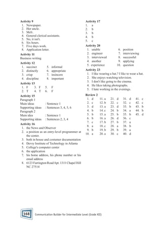 Activity 9
1. Newspaper.
2. Her uncle.
3. Meli .
4. General clerical assistants.
5. No, it isn't.
6. Six hours.
7. Five days work.
8. Application letter.
Activity 11
Business writing
Activity 12
1. succinct
2. distinctly
3. crisp
4. discipline
Activity 13
1. F
3. F
2. T
4. T
Activity 15
Paragraph 1
Main ideas
Supporting ideas
Paragraph 2
Main idea
Supporting ideas

5.
6.
7.
8.
5.
6.

informal
appropriate
insincere
important
F
F

: Sentence 1
: Sentences 3, 4, 5, 6
: Sentence 1
: Sentences 2, 3, 4

Activity 16
1. the News and Observer
2. a position as an entry-level programmer at
the center.
3. both in house and costumer documentation
4. Devry Institute of Technology in Atlanta
5. College's computer center
6. the application
7. his home address, his phone number or his
email address
8. 6123 Farrington Road Apt. 1311 Chapel Hill
NC 27514

168

Activity 17
1. a
2. b
3. b
4. b
5. c
Activity 20
1. unable
2. engineer
3. interviewed
4. another
5. experience

6.
7.
8.
9.
10.

position
interviewing
successful
applying
question

Activity 23
1. I like wearing a hat.? I like to wear a hat.
2. She enjoys watching television.
3. I don't like going to the cinema.
4. He likes taking photographs.
5. I hate working in the evenings.
Review 2
1. d
2. c
3. d
4. b
5. b
6. b
7. c
8. a
9. b
10. a

11. a
12. b
13. a
14. c
15. a
16. a
17. b
18. c
19. b
20. a

Communication Builder for Intermediate Level (Grade XII)

21.
22.
23.
24.
25.
26.
27.
28.
29.
30.

d
c
d
b
b
d
b
a
b
c

31.
32.
33.
34.
35.
36.
37.
38.
39.
40.

d
c
b
a
b
c
a
b
a
d

41.
42.
43.
44.
45.

c
c
b
b
d

 