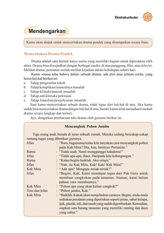 Ekstrakurikuler      107




 Kamu akan diajak untuk menceritakan drama pendek yang disampaikan secara lisan.


Menceritakan Drama Pendek
      Drama adalah satu bentuk karya sastra yang memiliki bagian untuk diperankan oleh
aktor. Drama bisa diwujudkan dengan berbagai media: di atas panggung, film, atau televisi.
Melihat drama, penonton seolah melihat kejadian dalam kehidupan sehari-hari.
      Kamu semua tahu bahwa dalam sebuah drama, ada plot atau jalinan cerita, yang
berisi hal-hal berikut ini.
a. Tahap pengenalan tokoh
b. Tahap komplikasi/munculnya masalah
c. Tahap klimaks/puncak masalah
d. Tahap anti klimaks/peleraian
e. Tahap katasfora/penyelesaian masalah
     Saat kamu menceritakan sebuah drama, tidak lepas dari hal-hal di atas. Jika kamu
sudah bisa menceritakan drama dengan hal-hal di atas, berarti kamu telah memahami naskah
drama secara lengkap dan terinci.
     Ayo, dengarkan pembacaan teks drama oleh gurumu berikut ini.

                            Mencangkok Pohon Jambu

      Tiga orang anak berada di teras sebuah rumah. Mereka sedang bercakap-cakap
  tentang tugas yang diberikan gurunya.
  Irfan               : “Ram, bagaimana kalau kita tanyakan cara mencangkok pohon
                        pada Kak Mira? Dia, kan, Insinyur Pertanian.”
  Rama                : “Tidak usah. Nanti mengganggu kakakmu!”
  Irfan               : “Tidak apa-apa, Ram. Daripada kita kebingungan.”
  Rama                : “Kalau begitu baiklah. Aku setuju.”
  Irfan               : “Nah, itu Kak Mira, Kak! Kak! Kak Mira!”
  Kak Mira            : “Ada apa? Mengapa teriak-teriak?”
  Irfan               : “Begini, Kak. Kami mendapat tugas dari Pak Guru untuk
                        membuat cangkokan pada tanaman. Namun, kami belum
                        paham cara membuatnya.”
  Kak Mira            : “Pohon apa yang akan kalian cangkok?”
  Toni dan Irfan      : “Pohon jambu, Kak.”
  Kak Mira            : “Baiklah, Kakak akan menjelaskan caranya. Begini, mula-mula
                        sediakan peralatan yang diperlukan seperti pisau, sabut kelapa,
                        ijuk, plastik, tali, dan tanah yang sudah digemburkan. Kemudian,
                        siapkan satu batang tanaman yang memiliki ranting dan daun
                        yang subur.”
 