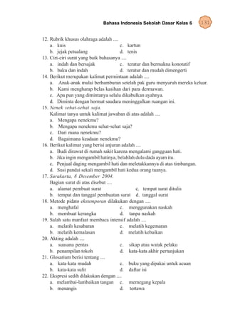 Bahasa Indonesia Sekolah Dasar Kelas 6      131

12. Rubrik khusus olahraga adalah ....
    a. kuis                            c. kartun
    b. jejak petualang                 d. tenis
13. Ciri-ciri surat yang baik bahasanya ....
    a. indah dan bersajak              c. teratur dan bermakna konotatif
    b. baku dan indah                  d. teratur dan mudah dimengerti
14. Berikut merupakan kalimat permintaan adalah ....
    a. Anak-anak mulai berhamburan setelah pak guru menyuruh mereka keluar.
    b. Kami mengharap belas kasihan dari para dermawan.
    c. Apa pun yang dimintanya selalu dikabulkan ayahnya.
    d. Diminta dengan hormat saudara meninggalkan ruangan ini.
15. Nenek sehat-sehat saja.
    Kalimat tanya untuk kalimat jawaban di atas adalah ....
    a. Mengapa nenekmu?
    b. Mengapa nenekmu sehat-sehat saja?
    c. Dari mana nenekmu?
    d. Bagaimana keadaan nenekmu?
16. Berikut kalimat yang berisi anjuran adalah ....
    a. Budi dirawat di rumah sakit karena mengalami gangguan hati.
    b. Jika ingin mengambil hatinya, belahlah dulu dada ayam itu.
    c. Penjual daging mengambil hati dan meletakkannya di atas timbangan.
    d. Susi pandai sekali mengambil hati kedua orang tuanya.
17. Surakarta, 8 Desember 2004.
    Bagian surat di atas disebut ....
    a. alamat pembuat surat                    c. tempat surat ditulis
    b. tempat dan tanggal pembuatan surat d. tanggal surat
18. Metode pidato ekstemporan dilakukan dengan ....
    a. menghafal                       c. menggunakan naskah
    b. membuat kerangka                d. tanpa naskah
19. Salah satu manfaat membaca intensif adalah ....
    a. melatih kesabaran               c. melatih kegemaran
    b. melatih kemalasan               d. melatih kebaikan
20. Akting adalah ....
    a. suasana pentas                  c. sikap atau watak pelaku
    b. penampilan tokoh                d. kata-kata akhir pertunjukan
21. Glosarium berisi tentang ....
    a. kata-kata mudah                 c. buku yang dipakai untuk acuan
    b. kata-kata sulit                 d. daftar isi
22. Ekspresi sedih dilakukan dengan ....
    a. melambai-lambaikan tangan c. memegang kepala
    b. menangis                        d. tertawa
 