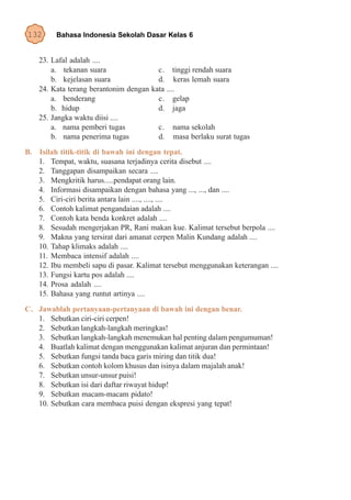 132      Bahasa Indonesia Sekolah Dasar Kelas 6


    23. Lafal adalah ....
        a. tekanan suara                c. tinggi rendah suara
        b. kejelasan suara              d. keras lemah suara
    24. Kata terang berantonim dengan kata ....
        a. benderang                    c. gelap
        b. hidup                        d. jaga
    25. Jangka waktu diisi ....
        a. nama pemberi tugas           c. nama sekolah
        b. nama penerima tugas          d. masa berlaku surat tugas
B. Isilah titik-titik di bawah ini dengan tepat.
   1. Tempat, waktu, suasana terjadinya cerita disebut ....
   2. Tanggapan disampaikan secara ....
   3. Mengkritik harus.....pendapat orang lain.
   4. Informasi disampaikan dengan bahasa yang ..., ..., dan ....
   5. Ciri-ciri berita antara lain ...., ...., ....
   6. Contoh kalimat pengandaian adalah ....
   7. Contoh kata benda konkret adalah ....
   8. Sesudah mengerjakan PR, Rani makan kue. Kalimat tersebut berpola ....
   9. Makna yang tersirat dari amanat cerpen Malin Kundang adalah ....
   10. Tahap klimaks adalah ....
   11. Membaca intensif adalah ....
   12. Ibu membeli sapu di pasar. Kalimat tersebut menggunakan keterangan ....
   13. Fungsi kartu pos adalah ....
   14. Prosa adalah ....
   15. Bahasa yang runtut artinya ....
C. Jawablah pertanyaan-pertanyaan di bawah ini dengan benar.
   1. Sebutkan ciri-ciri cerpen!
   2. Sebutkan langkah-langkah meringkas!
   3. Sebutkan langkah-langkah menemukan hal penting dalam pengumuman!
   4. Buatlah kalimat dengan menggunakan kalimat anjuran dan permintaan!
   5. Sebutkan fungsi tanda baca garis miring dan titik dua!
   6. Sebutkan contoh kolom khusus dan isinya dalam majalah anak!
   7. Sebutkan unsur-unsur puisi!
   8. Sebutkan isi dari daftar riwayat hidup!
   9. Sebutkan macam-macam pidato!
   10. Sebutkan cara membaca puisi dengan ekspresi yang tepat!
 