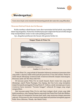 Pariwisata        31




 Kamu akan diajak untuk menulis hal-hal penting/pokok dari suatu teks yang dibacakan.


Mencatat Hal-hal Pokok dari Isi Bacaan
     Ketika membaca sebuah bacaan, kamu akan menemukan hal-hal pokok yang terdapat
dalam tiap paragrafnya. Kamu bisa membuat penyajian singkat dari bacaan tersebut dengan
tetap memperhatikan urutan isi dan sudut pandang penulisnya.
     Ayo, dengarkan pembacaan teks bacaan oleh gurumu berikut ini.

                           Tempat Wisata di Watu Ulo




               Sumber: egahsukma.blogspot.com
                               Gambar 3. 2 Pantai Watu Ulo

      Pantai Watu Ulo, yang terletak di Samudera Indonesia mempunyai panorama alam
 yang indah. Lokasinya tidak terlalu jauh dari pusat kota (33 km arah selatan). Pantai ini
 selalu banyak dikunjungi wisatawan baik wisatawan domestik maupun mancanegara,
 khususnya pada saat Hari Raya Idul Fitri.
      Di kawasan pantai Watu Ulo ini masih banyak obyek wisata lain yang patut
 dikunjungi, seperti Pantai Payangan, Gua Jepang, dan Gua Lawa yang merupakan
 tempat bersejarah peninggalan Perang Dunia II. Uniknya, untuk mencapai gua ini para
 wisatawan harus menuruni “Turunan Senggol” sebanyak 66 tangga yang sangat
 mengasyikkan.
      Dari kawasan pantai Watu Ulo ke arah barat terdapat obyek wisata yang tidak
 kalah menariknya, yaitu Tanjung Papuma yang terdiri dari Pantai Pasir Putih dan Malikan.
 Obyek wisata ini mempunyai kawasan pasir putih yang memesona dengan panorama
 yang asri. Di kawasan ini, para wisatawan juga dapat menyaksikan kemegahan gugusan
 Pulau Dewa (Khresna, Narada, dan Batara Guru).
 