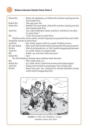 38     Bahasa Indonesia Sekolah Dasar Kelas 6



Mama Rio         : Boleh, nih, dihabiskan, ya! (Mama Rio memberi sepiring nasi dan
                    ikan kepada Rio).
Kakak Rio        : Aku juga mau, Ma.
Mama Rio         : Baiklah! Nih, buat kakak. (Mama Rio memberi sepiring nasi dan
                    ikan kepada kakak Rio).
Ayah Rio         : Ayo, cepat dihabiskan! (pinta ayah Rio). Setelah ini, kita akan
                    ke pantai Kuta.”
Rio              : Asyik! Kita pergi ke pantai Kuta.
    Setelah mereka selesai makan, mereka langsung menuju pantai Kuta naik mobil.
Sampailah mereka di pantai Kuta.
Ayah Rio          : Rio, kakak, jangan terlalu ke tengah! Ombaknya besar.
Rio dan Kakak : Baik, ayah! (lalu mereka berlari ke pantai dan berenang di pantai).
Ibu Rio           : Wah, di sini banyak turis, ya, Yah? (sambil menggeleng keheranan)
Ayah Rio          : Ya, iyalah. Pantai ini sungguh indah.
Rio               : Kakak, ayo, kita buat istana dari pasir.”
Kakak Rio         : Ayo!
    Rio dan Kakaknya bersama-sama membuat istana dari pasir.
Rio               : Wah, indah sekali, ya!
Kakak Rio         : Iya, indah sekali! (sambil loncat-loncat dan tepuk tangan).
Ayah Rio          : Saatnya kita kembali ke penginapan. Kita istirahat dulu.
Ibu Rio           : Benar kata ayah. Ayo, sekarang kita istirahat (Berjalan menuju
                    mobil sambil menggandeng Rio).




                       Gambar 3. 3 Rio dan Kakaknya sedang
                               membuat istana dari pasir.
 