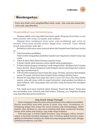 Lingkungan         45




  Kamu akan diajak untuk mengidentifikasi tokoh, watak , latar, tema atau amanat dari
  cerita anak yang dibacakan.


Mengidentifikasi Unsur Intrinsik Dongeng
     Dongeng adalah cerita yang tidak benar-benar terjadi. Dongeng diceritakan secara
turun-temurun oleh orang tua kepada anak-anaknya.
     Dongeng harus mempunyai unsur-unsur yang mendukung agar cerita itu
menarik. Unsur-unsur tersebut disebut dengan unsur instrinsik. Unsur intrinsik
pernah kamu pelajari pada bab 1.
     Perhatikan contoh unsur-unsur instrinsik dalam fabel berjudul kancil dan buaya berikut
ini.
1. Fabel bertemakan pendidikan.
     Fabel tersebut mengajarkan pendidikan kepada kamu bagaimana menjadi orang yang
     cerdik.
2. Tokoh di dalam fabel adalah binatang yang bisa bicara.
     Si Kancil adalah tokoh utamanya, buaya adalah tokoh pendukungnya.
3. Si Kancil dalam dongeng mempunyai watak antagonis/baik. Meskipun kancil menipu
     buaya, dia baik. Macan mempunyai watak tritagonis karena menolong kancil, tetapi ia
     juga ingin memakan kancil.
4. Fabel tersebut mempunyai latar di hutan dan sungai. Di hutan, saat kancil akan dimakan
     macan. Di sungai, saat kancil akan dimakan buaya sekaligus ditolong buaya.
5. Banyak hal yang dapat kamu dapat dari cerita si kancil dan buaya atau biasa disebut
     amanat, yaitu jadi orang cerdik itu sangat bermanfaat, tetapi gunakan kecerdikan itu
     untuk kebaikan. Jadi, orang jangan suka menyakiti orang lain karena bisa merugikan
     diri sendiri.
     Nah, itulah unsur-unsur instrinsik dalam dongeng “Kancil dan Buaya”. Kamu pasti
bisa menemukan unsur instrinsik pada fabel lainnya. Sekarang, ayo, dengarkan dongeng
yang akan dibacakan gurumu berikut ini.

                           Sang Kancil Sebagai Penengah
      Seekor menjangan betina dan seekor macan kumbang betina sudah lama bersahabat.
 Mereka memelihara anak-anak mereka di hutan yang sama. Persahabatan itu
 berlangsung dengan baik sampai tiba musim kemarau yang berkepanjangan. Dalam
 keadaan sukar demikian itu, sang macan kumbang tidak dapat memperoleh binatang
 buruan untuk makan anak-anaknya yang sudah sangat kelaparan.
      Pada suatu pagi, ia berkata kepada kawannya, sang menjangan, bahwa, kemarin
 malam, ia bermimpi memakan menjangan. Kini, ia bertanya apakah kawannya setuju
 apabila ia melaksanakan mimpinya itu. Sudah tentu sang menjangan tidak setuju, sehingga
 timbullah pertengkaran yang hebat.
 