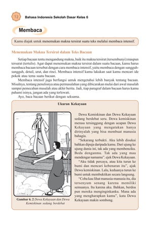 72      Bahasa Indonesia Sekolah Dasar Kelas 6




 Kamu diajak untuk menemukan makna tersirat suatu teks melalui membaca intensif.


Menemukan Makna Tersirat dalam Teks Bacaan
     Setiap bacaan tentu mengandung makna, baik itu makna tersirat (tersembunyi) maupun
tersurat (tertulis). Agar dapat menemukan makna tersirat dalam suatu bacaan, kamu harus
membaca bacaan tersebut dengan cara membaca intensif, yaitu membaca dengan sungguh-
sungguh, detail, urut, dan rinci. Membaca intensif kamu lakukan saat kamu mencari ide
pokok atau tema suatu bacaan.
     Membaca intensif juga berfungsi untuk mengetahui lebih banyak tentang bacaan.
Misalnya, tentang penulisnya atau permasalahan yang dibicarakan mulai dari awal masalah
sampai pemecahan masalah atau akhir berita. Jadi, tiap paragraf dalam bacaan harus kamu
pahami isinya, jangan ada yang terlewati.
     Ayo, baca bacaan berikut dengan seksama.

                               Ukuran Kekayaan

                                              Dewa Kemiskinan dan Dewa Kekayaan
                                           sedang berdebat seru. Dewa kemiskinan
                                           merasa tersinggung dengan ucapan Dewa
                                           Kekayaan yang mengatakan hanya
                                           dirinyalah yang bisa membuat manusia
                                           bahagia.
                                              “Sekarang terbukti. Aku lebih disukai
                                           bahkan dipuja daripada kamu. Dari ujung ke
                                           ujung dunia ini, tak ada yang membenciku.
                                           Beda denganmu. Tak ada yang mau
                                           mendengar namamu”. ejek Dewa Kekayaan.
                                              “Aku tidak percaya, atau kita turun ke
                                           bumi dan mencari kebenaran itu”, ajak
                                           Dewa kemiskinan. Lalu, keduanya turun ke
                                           bumi untuk membuktikan secara langsung.
                                              “Coba kau lihat manusia-manusia itu, dia
                                           tersenyum senang karena memiliki
                                           semuanya. Itu karena aku. Bahkan, berdoa
                                           pun mereka menginginkanku. Mana ada
                                           yang mengharapkan kamu”, kata Dewa
   Gambar 6. 2 Dewa Kekayaan dan Dewa      Kekayaan makin sombong.
       Kemiskinan sedang berdebat
 