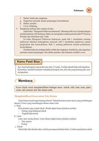 Pahlawan         85


       f. Daftar istilah dan singkatan
       g. Organisasi pemuda zaman perjuangan kemerdekaan
       h. Daftar pustaka
       i. Cover belakang
  5.   Rangkaian kalimat dari catatan di atas:
          Judul buku ”Mengenal Pahlawan Indonesia” dikarang oleh Arya Ajisaka dengan
       jumlah halaman 246 halaman. Buku ini merupakan catatan pertama dari PT Kawan
       Pustaka dan dituliskan ada 3 bab.
          Isi buku Mengenal Pahlawan Indonesia, pada bab 1 membahas tentang
       pahlawan sebelum kebangkitan nasional, bab 2 membahas pahlawan zaman
       pergerakan dan kemerdekaan. Bab 3, tentang pahlawan setelah proklamasi
       kemerdekaan.
          Di dalam buku itu terdapat daftar istilah dan singkatan. Setelah itu, ada organisasi
       pemuda zaman perjuangan, lalu daftar pustaka, dan halaman terakhir cover.




   Ayo, buat kelompok yang terdiri atas dari 3-4 anak. Carilah sebuah buku lalu laporkan.
   Kemudian, berilah komentar terhadap kelompok lain, jika ada yang kurang jelas saat
   melaporkan.




  Kamu diajak untuk mengidentifikasi berbagai unsur (tokoh, sifat, latar, tema, jalan
  cerita, dan amanat) dari teks drama anak.

Mengidentifikasi Unsur-unsur Teks Drama
     Tentu kamu masih ingat tentang drama? Tahukah kamu unsur-unsur yang membangun
drama? Unsur yang membangun drama antara lain:
a. Sifat
     Sifat disebut juga watak tokoh. Watak dapat kamu jelaskan melalui:
     - Dialog yang dilakukan tokoh
     - Tingkah laku tokoh
b. Latar
     Latar atau seting drama. Latar drama dapat kamu jelaskan melalui:
     - Tata pentas
     - Prolog
 c. Tokoh
     Tokoh laki-laki disebut aktor, tokoh perempuan disebut aktris. Untuk menjelaskan tokoh
 