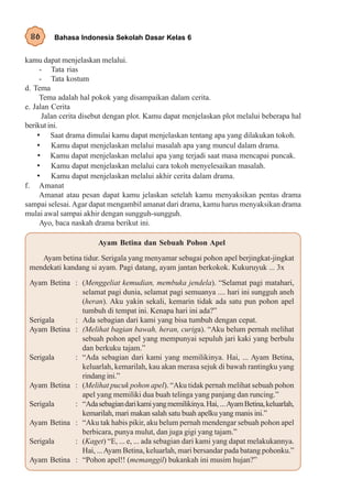 86      Bahasa Indonesia Sekolah Dasar Kelas 6


kamu dapat menjelaskan melalui.
     - Tata rias
     - Tata kostum
d. Tema
     Tema adalah hal pokok yang disampaikan dalam cerita.
e. Jalan Cerita
      Jalan cerita disebut dengan plot. Kamu dapat menjelaskan plot melalui beberapa hal
berikut ini.
    • Saat drama dimulai kamu dapat menjelaskan tentang apa yang dilakukan tokoh.
    • Kamu dapat menjelaskan melalui masalah apa yang muncul dalam drama.
    • Kamu dapat menjelaskan melalui apa yang terjadi saat masa mencapai puncak.
    • Kamu dapat menjelaskan melalui cara tokoh menyelesaikan masalah.
    • Kamu dapat menjelaskan melalui akhir cerita dalam drama.
f. Amanat
     Amanat atau pesan dapat kamu jelaskan setelah kamu menyaksikan pentas drama
sampai selesai. Agar dapat mengambil amanat dari drama, kamu harus menyaksikan drama
mulai awal sampai akhir dengan sungguh-sungguh.
     Ayo, baca naskah drama berikut ini.

                       Ayam Betina dan Sebuah Pohon Apel
    Ayam betina tidur. Serigala yang menyamar sebagai pohon apel berjingkat-jingkat
 mendekati kandang si ayam. Pagi datang, ayam jantan berkokok. Kukuruyuk ... 3x
 Ayam Betina : (Menggeliat kemudian, membuka jendela). “Selamat pagi matahari,
               selamat pagi dunia, selamat pagi semuanya .... hari ini sungguh aneh
               (heran). Aku yakin sekali, kemarin tidak ada satu pun pohon apel
               tumbuh di tempat ini. Kenapa hari ini ada?”
 Serigala    : Ada sebagian dari kami yang bisa tumbuh dengan cepat.
 Ayam Betina : (Melihat bagian bawah, heran, curiga). “Aku belum pernah melihat
               sebuah pohon apel yang mempunyai sepuluh jari kaki yang berbulu
               dan berkuku tajam.”
 Serigala    : “Ada sebagian dari kami yang memilikinya. Hai, ... Ayam Betina,
               keluarlah, kemarilah, kau akan merasa sejuk di bawah rantingku yang
               rindang ini.”
 Ayam Betina : (Melihat pucuk pohon apel). “Aku tidak pernah melihat sebuah pohon
               apel yang memiliki dua buah telinga yang panjang dan runcing.”
 Serigala    : “Ada sebagian dari kami yang memilikinya. Hai, ... Ayam Betina, keluarlah,
               kemarilah, mari makan salah satu buah apelku yang manis ini.”
 Ayam Betina : “Aku tak habis pikir, aku belum pernah mendengar sebuah pohon apel
               berbicara, punya mulut, dan juga gigi yang tajam.”
 Serigala    : (Kaget) “E, ... e, ... ada sebagian dari kami yang dapat melakukannya.
               Hai, ... Ayam Betina, keluarlah, mari bersandar pada batang pohonku.”
 Ayam Betina : “Pohon apel!! (memanggil) bukankah ini musim hujan?”
 