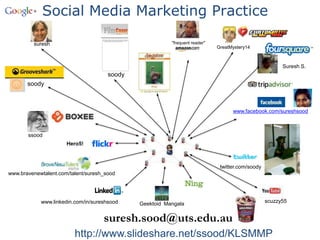 Social Media Marketing Practice

         suresh                                          "frequent reader"
                                                                             GreatMystery14



                                                                                                        Suresh S.
                                      soody
       soody



                                                                                   www.facebook.com/sureshsood



       ssood
                      Hero5!



                                                                              twitter.com/soody
www.bravenewtalent.com/talent/suresh_sood




            www.linkedin.com/in/sureshsood                                                        scuzzy55
                                              Geektoid Mangala


                                    suresh.sood@uts.edu.au
                         http://www.slideshare.net/ssood/KLSMMP
 
