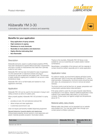 Klüberalfa YM 3-30, Prod. 081281, 090086, en
Edition 22.03.2014 [replaces edition 20.11.2013]
Benefits for your application
– Easy application of spray variants
– High resistance to ageing
– Resistance to most chemicals
– Neutrality to most plastics and elastomers
– Highly effective lubricating fluid
– Non-flammable
Description
Klüberalfa lubricants, based on perfluorinated polyether (PFPE),
have been developed for specific lifetime lubrication requirements
and have a number of characteristics that make them optimally
suited for such tasks.
Klüberalfa YM 3-30 has been formulated for ease of application
of a thin lubricant film on electrical contacts and plug-in
connectors as well as elastomer and plastic parts. The lubricant
is highly resistant to ageing and is suitable for use across a wide
temperature range.
Klüberalfa YM 3-30 is not flammable and resistant to most
aggressive chemicals.
Application
Klüberalfa YM 3-30 can be used for the lubrication of plug-in and
sliding contacts as well as for plastic parts.
When properly applied, Klüberalfa YM 3-30 provided in a spray
can
– provides an even, thin and extensive lubricant film
– allows simple and clean application
– is extremely economical in use
does not require permanently installed dispensing equipment.
General behaviour towards plastics and elastomers
Perfluorinated polyether oils are neutral to most elastomers and
plastic materials (possible exception: fluorinated rubber).
Thanks to this neutrality, Klüberalfa YM 3-30 Spray is also
suitable for use as an assembly aid in plastic-plastic material
combinations.
Nevertheless, compatibility of the lubricant with the materials in
contact should be verified, especially prior to series application.
Application notes
For optimum results, we recommend cleaning all friction points
with white spirit 180/210 and then with Klüberalfa XZ 3-1 prior to
initial lubrication. Subsequently, the friction points should be dried
with clean, dry compressed air or hot air to remove all solvent
residues.
The friction points must be free from oil, grease, perspiration and
contamination particles before initial lubrication.
If the spray variant is used: Do not spray towards naked flames,
incandescent or hot objects. Observe additional application notes
outlined in the material safety data sheet or on the product
container. Protect spray can against sunlight and temperatures
above 50 °C.
Material safety data sheets
Material safety data sheets can be requested via our website
www.klueber.com. You may also obtain them through your
contact person at Klüber Lubrication.
Pack sizes Klüberalfa YM 3- 30 Klüberalfa YM 3- 30
Spray
Aerosol can 250 ml - +
Klüberalfa YM 3-30
Lubricating oil for electric contacts and assembly
Product information
 