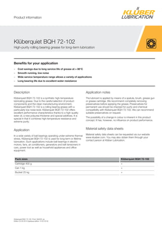 Klüberquiet BQH 72-102, Prod. 094023, en
Edition 22.03.2014 [replaces edition 14.02.2014]
Benefits for your application
– Cost savings due to long service life of grease at > 80°C
– Smooth running, low noise
– Wide service temperature range allows a variety of applications
– Long bearing life due to excellent water resistance
Description
Klüberquiet BQH 72-102 is a synthetic high-temperature
lubricating grease. Due to the careful selection of product
components and the clean manufacturing environment,
Klüberquiet BQH 72-102 is a rolling bearing grease with a
particularly low noise level. Klüberquiet BQH 72-102 offers
excellent performance characteristics thanks to a high-quality
ester oil, a new polyurea thickener and special additives. It is
special in that it combines high-temperature resistance and
extreme purity.
Application
In a wide variety of ball bearings operating under extreme thermal
stress, Klüberquiet BQH 72-102 is used for long-term or lifetime
lubrication. Such applications include ball bearings in electric
motors, fans, air conditioners, generators and belt tensioners in
cars, power tool as well as household appliances and office
equipment.
Application notes
The lubricant is applied by means of a spatula, brush, grease gun
or grease cartridge. We recommend completely removing
preservatives before applying the grease. Preservatives for
permanent use should be checked for purity and chemical
compatibility with Klüberquiet BQH 72-102. We can recommend
suitable preservatives on request.
The possibility of a change in colour is inherent in this product
concept. It has, however, no influence on product performance.
Material safety data sheets
Material safety data sheets can be requested via our website
www.klueber.com. You may also obtain them through your
contact person at Klüber Lubrication.
Pack sizes Klüberquiet BQH 72-102
Cartridge 400 g +
Can 1 kg +
Bucket 25 kg +
Klüberquiet BQH 72-102
High-purity rolling bearing grease for long-term lubrication
Product information
 