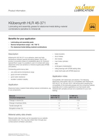 Klübersynth HLR 46-371, Prod. 012191, en
Edition 22.03.2014 [replaces edition 21.10.2012]
Benefits for your application
– Lubricating and assembly paste
– Service temperature range – 40 / 150 °C
– For elastomer/metal sliding material combinations
Description
Klübersynth HLR 46-371 is an adhesive, pliant and high-
temperature resistant special lubricating grease. Due to the
product composition (base oil: polyalkylene glycol oil; thickener:
special lithium soap) it is possible to use it in context with many
elastomers which are sensitive to mineral oil (particularly EPDM)
and plastics.
Outstanding performance data:
– very wide service temperature range
– good corrosion protection
– good water resistance
– excellent oxidation stability
Application
Elastomer/metal or plastic/metal sliding material combinations, eg
in car components
– brake boosters
– drum brakes
– disc brakes
– main brake cylinders
– ABS
– small gears (metal/plastic)
– rolling bearings with EPDM sealing disks
– radial shaft seals with EPDM elastomer
Application notes
Compatibility with elastomers and plastics: The following
elastomers were tested 168 h for compatibility with Klübersynth
HLR 46-371 at 100 and 150°C. We recommend checking the
compatibility of the lubricating grease and the contacting material,
especially prior to series applications (our test results were
obtained with samples and are not a substitute for your own
testing).
Material
Time/test temperature
70 EPDM 281
168 h/150 °C
72 NBR 872
168 h/150 °C
Change in volume (%) – 1.1 – 5.5
Change in hardness (SHA) 0 3
Tensile strength (%) 5 5
Elongation at tear (%) – 4 – 15
Material safety data sheets
Material safety data sheets can be requested via our website
www.klueber.com. You may also obtain them through your
contact person at Klüber Lubrication.
Klübersynth HLR 46-371
Lubricating and assembly grease for elastomer/metal sliding material
combinations (sensitive to mineral oil)
Product information
 