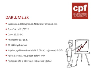 DARUJME.sk
 Inšpirácia od Darujme.cz, Network For Good etc.

 Funkčné od 11/2012.

 Dary: 13.130 €.

 Priemerný dar 18 €.

 21 aktívnych účtov.

 Najviac vyzbierané na MVO: 7.091 €, najmenej: 0 € 

 Počet darcov: 703, počet darov: 740

 Podporili OSF a CEE Trust (obrovská vďaka!)
 