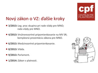 Nový zákon o VZ: ďalšie kroky
 3/2013: Leg. prac skupina pri rade vlády pre MNO;
          rada vlády pre MNO.

 4/2013: Vnútrorezortné pripomienkovanie na MV SR;
          komplexná prezentácia zákona pre MNO.

 6/2013: Medzirezortné pripomienkovanie.

 8/2013: Vláda.

 9/2013: Parlament.

 1/2014: Zákon v platnosti.
 