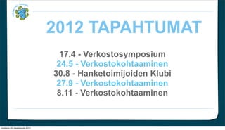 2012 TAPAHTUMAT
                                   17.4 - Verkostosymposium
                                  24.5 - Verkostokohtaaminen
                                 30.8 - Hanketoimijoiden Klubi
                                  27.9 - Verkostokohtaaminen
                                  8.11 - Verkostokohtaaminen


torstaina 29. maaliskuuta 2012
 