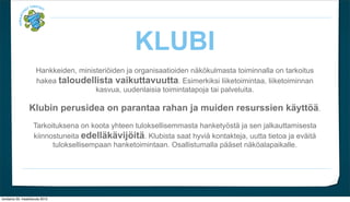 KLUBI
                      Hankkeiden, ministeri?iden ja organisaatioiden n?k?kulmasta toiminnalla on tarkoitus
                      hakea taloudellista vaikuttavuutta. Esimerkiksi liiketoimintaa, liiketoiminnan
                                       kasvua, uudenlaisia toimintatapoja tai palveluita.

                 Klubin perusidea on parantaa rahan ja muiden resurssien k?ytt??.
                    Tarkoituksena on koota yhteen tuloksellisemmasta hankety?st? ja sen jalkauttamisesta
                    kiinnostuneita edell?k?vij?it?. Klubista saat hyvi? kontakteja, uutta tietoa ja ev?it?
                          tuloksellisempaan hanketoimintaan. Osallistumalla p??set n?k?alapaikalle.




torstaina 29. maaliskuuta 2012
 