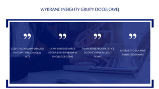 WYBRANE INSIGHTY GRUPY DOCELOWEJ
CZĘSTOSZUKAM INFORMACJI
NA TEMATPIELĘGNACJIW
SIECI
UFAM BARDZIEJMARCE,
KTÓRAJESTEKSPERTEMW
SWOJEJDZIEDZINIE
ZANIM KUPIĘPRODUKTCHCĘ
POZNAĆOPINIENA JEGO
TEMAT
INTERNETTODLAMNIE
MIEJSCEROZRYWKI
 