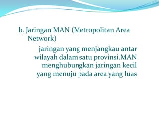 b. Jaringan MAN (Metropolitan Area
    Network)
        jaringan yang menjangkau antar
      wilayah dalam satu provinsi.MAN
         menghubungkan jaringan kecil
       yang menuju pada area yang luas
 