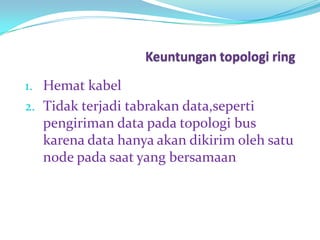 1. Hemat kabel
2. Tidak terjadi tabrakan data,seperti
  pengiriman data pada topologi bus
  karena data hanya akan dikirim oleh satu
  node pada saat yang bersamaan
 